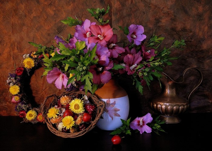 Still life with flowers, basket, and jug