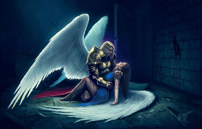 Angel in armor holding injured woman