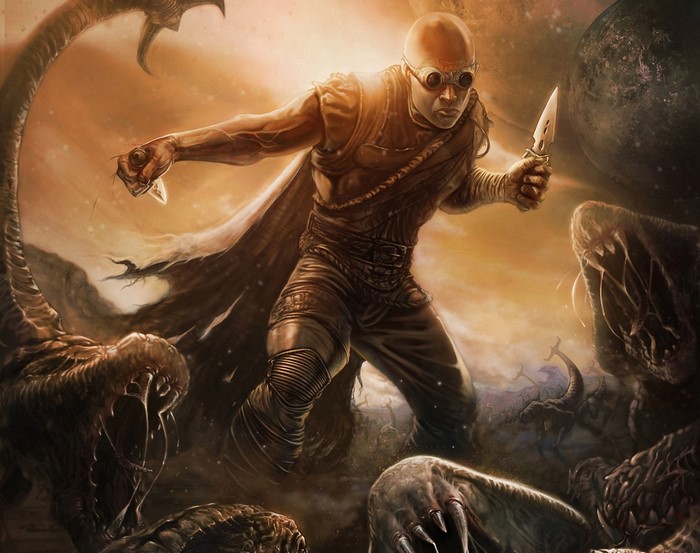 Warrior fighting creatures with knives