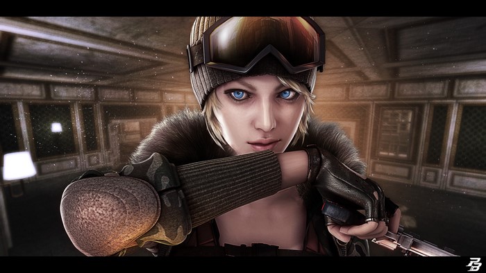 Woman with goggles and beanie holding a gun