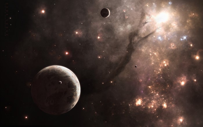 Planets and moons in a nebula with stars