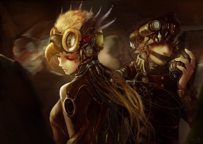 Steampunk characters with bird and goggles