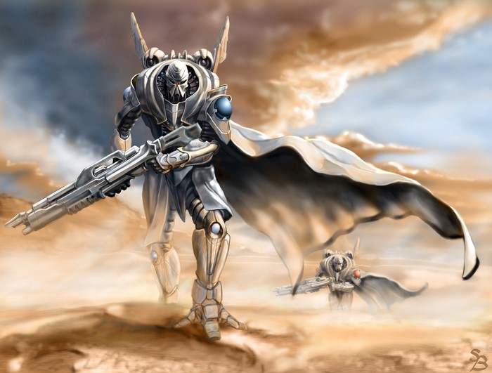 Robotic warriors with rifles and cloaks in a desert