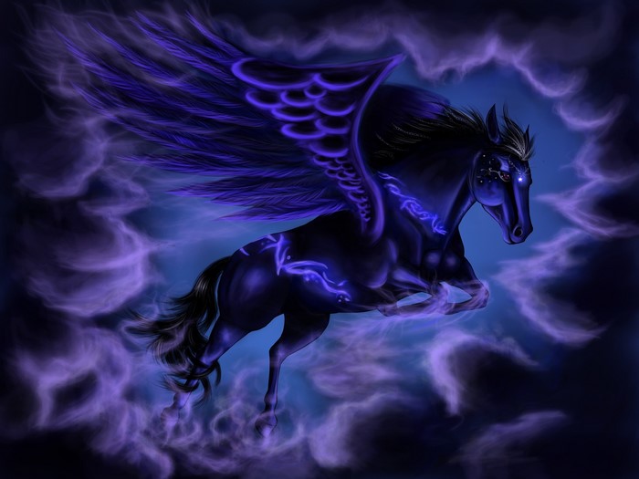 Black Pegasus with glowing purple wings and markings