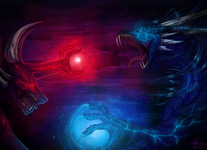 Two dragons fighting with magical energy