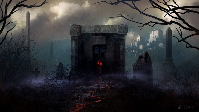 Gothic Fantasy Cemetery with Mausoleum and Fog