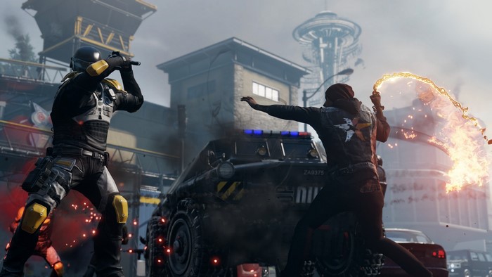 Delsin Rowe from Infamous uses neon powers against a DUP soldier