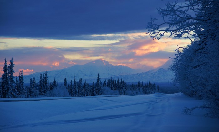 Snowy Alaskan Mountains at Sunset
