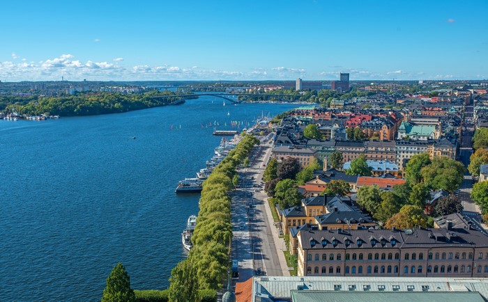 Stockholm cityscape with river and boats from above