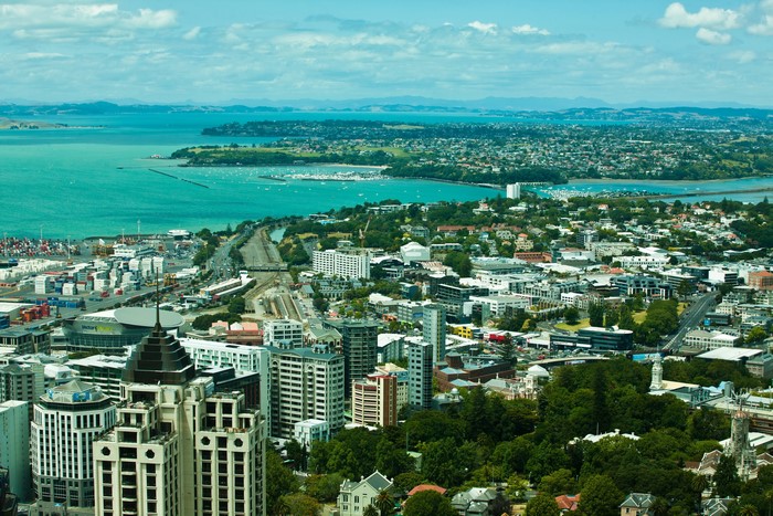 Auckland, New Zealand cityscape and harbor from above