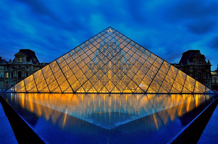 Louvre Pyramid at Night in Paris, France