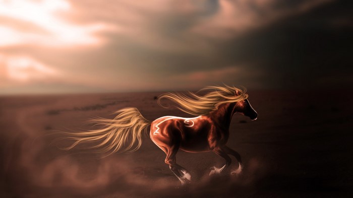 A horse running in a desert landscape
