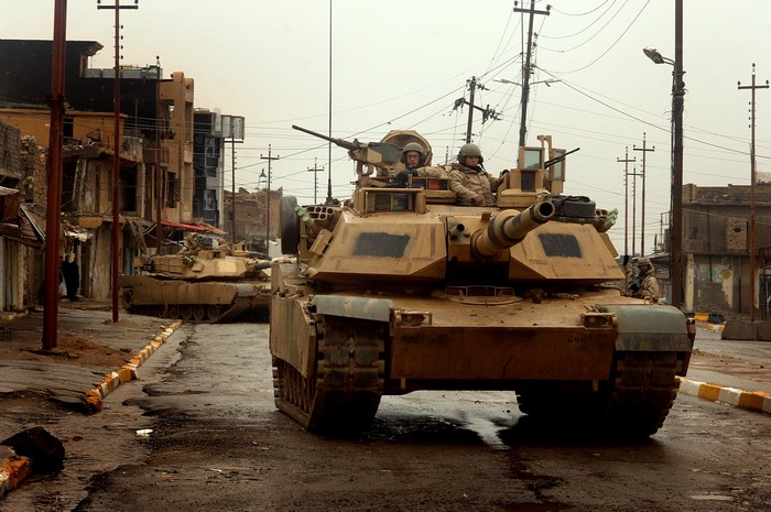 M1 Abrams tanks in a street