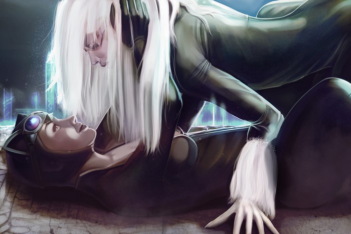Catwoman and Black Cat in a dark setting