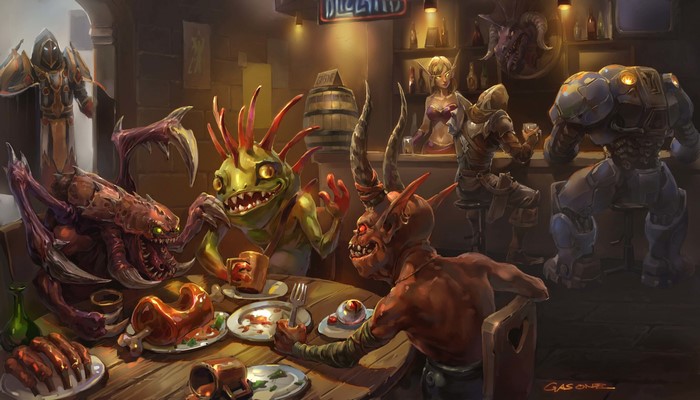 Monsters and demons gathered at a bar in World of Warcraft