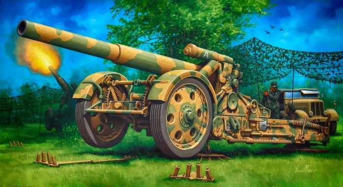 Painting of a camouflaged artillery cannon firing