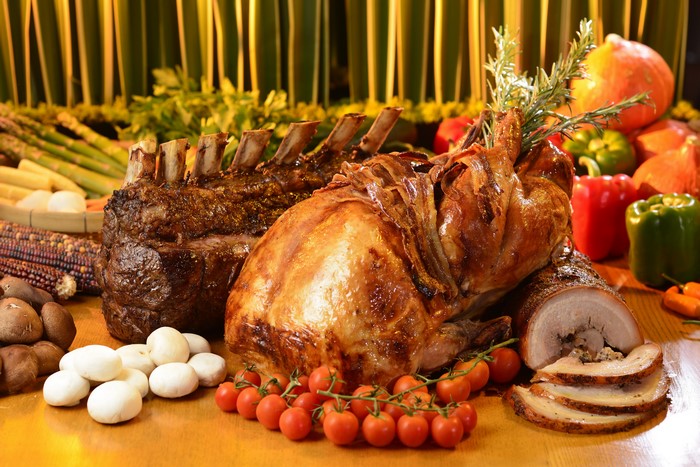 Roasted Turkey, Prime Rib, and Pork Roast with Vegetables