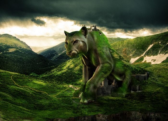 Mountainous landscape with a puma made of grass and ruins