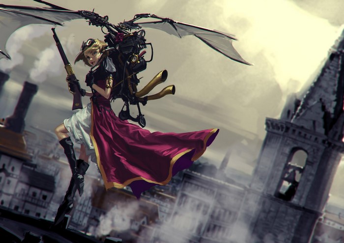 Steampunk girl with shotgun and wings over city