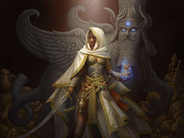 Woman with magic orb and sword before ancient statue