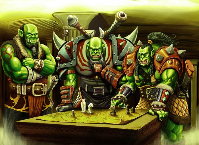 Three Orcs playing chess on a map table