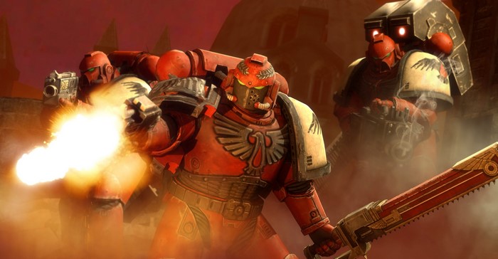 Warhammer 40000 Space Marines firing weapons
