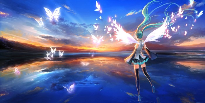 Hatsune Miku with Angel Wings and Butterflies
