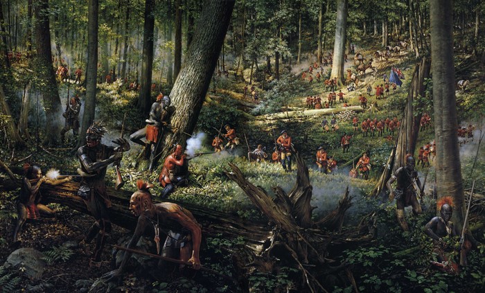 Battle in a forest with soldiers and Native Americans