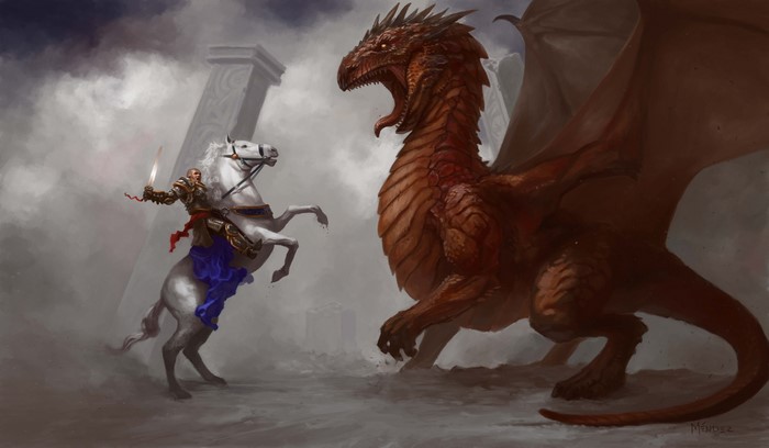 Warrior on Horse Fights Dragon