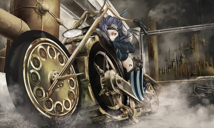 Steampunk girl with purple hair on a clock motorcycle