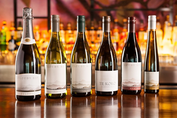 Cloudy Bay wine bottles on a bar