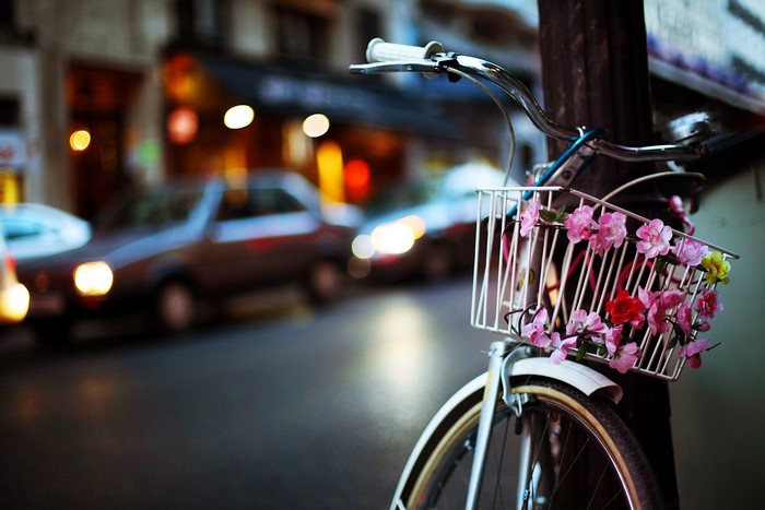 Bicycle with flowers in a basket on a street