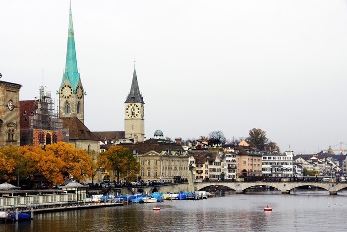 Zurich cityscape with Fraumunster Church and Limmat River
