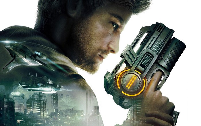 Man holding a futuristic pistol with city and aircraft background