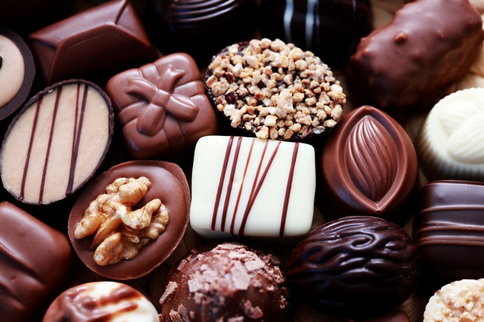 Assortment of chocolates with nuts and white chocolate