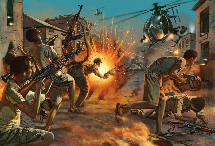 Painting of a battle with assault rifles and helicopters