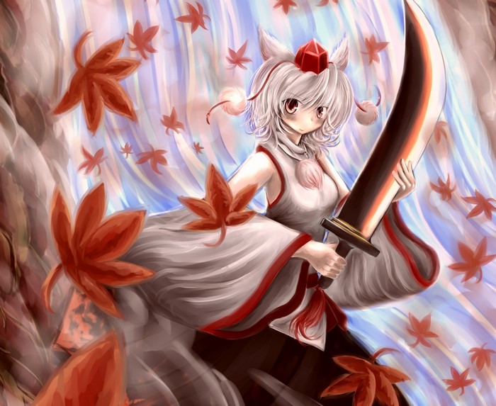 Anime girl with sword and falling maple leaves