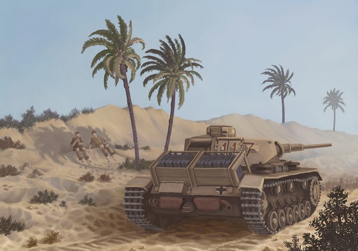 Panzer IV Tank in Desert with Soldiers and Palm Trees
