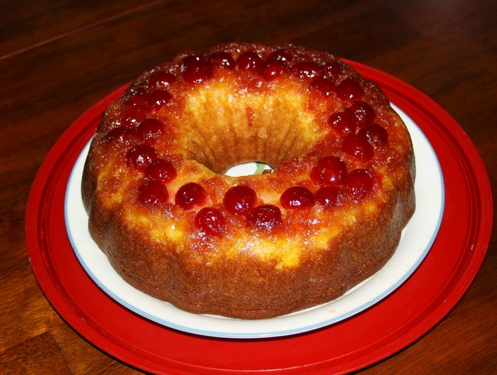 Bundt cake with cherries on top