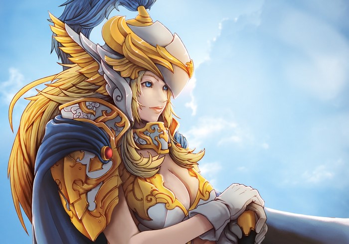 Woman in golden armor against a blue sky