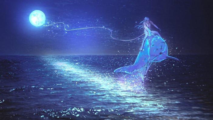 Girl riding a glowing dolphin under the moon