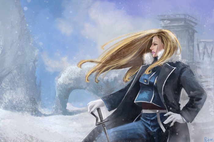 Blonde woman in military uniform in snowy landscape