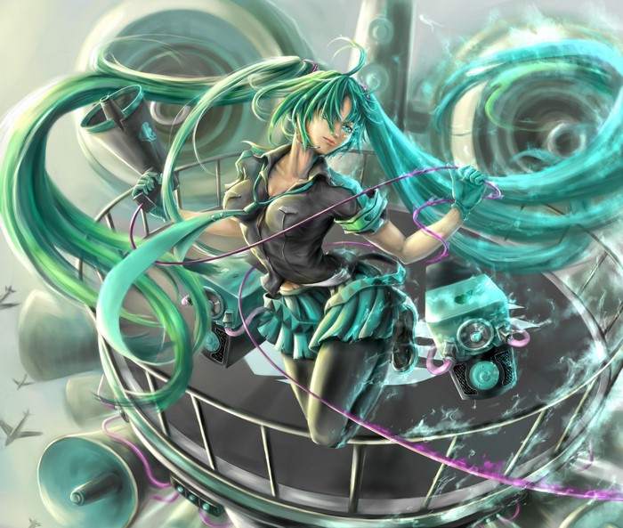 Hatsune Miku with long teal hair and a skirt