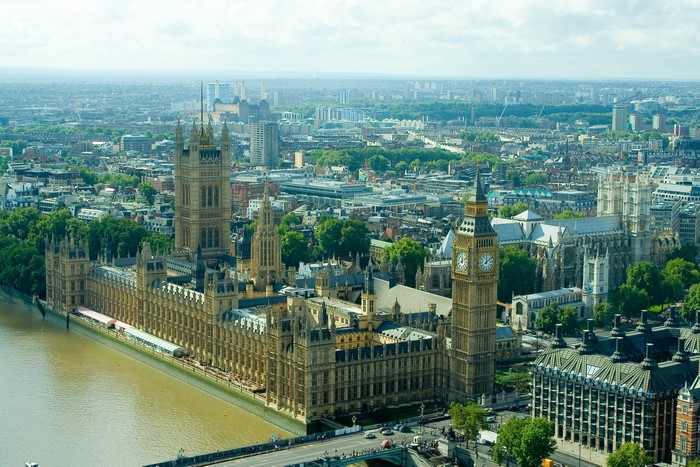 Westminster Palace and Big Ben in London, England from above