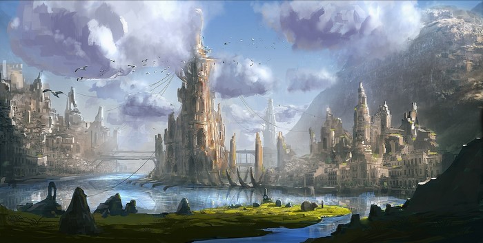 Fantasy city with tall towers by a river