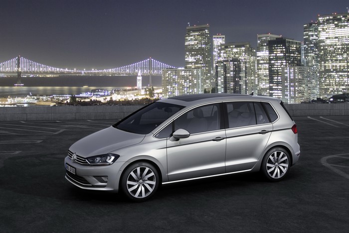 Silver 2013 Volkswagen Golf VII Sportsvan by a bridge