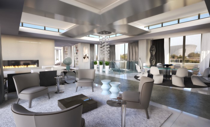Modern living room with fireplace and dining area