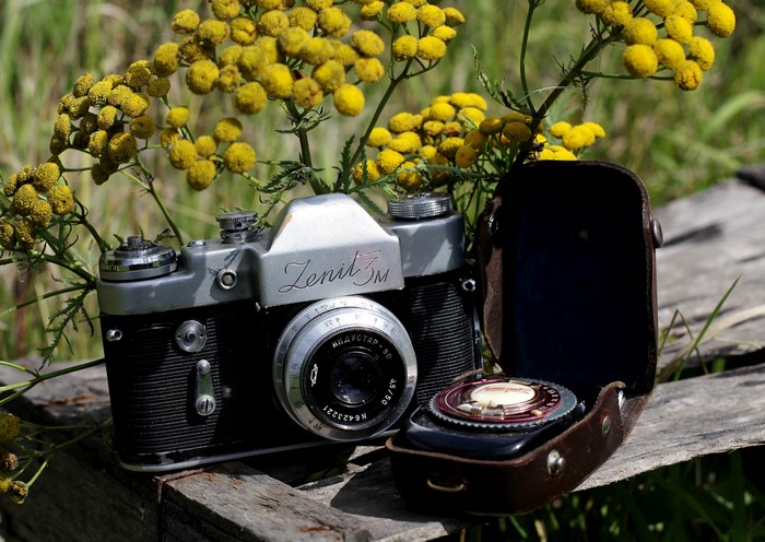 Zenit 3M camera with yellow flowers
