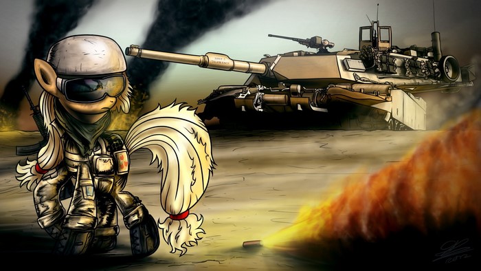 My Little Pony soldier with tank in desert