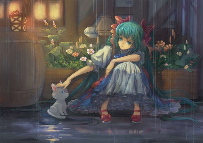 Girl in dress petting a cat in the rain